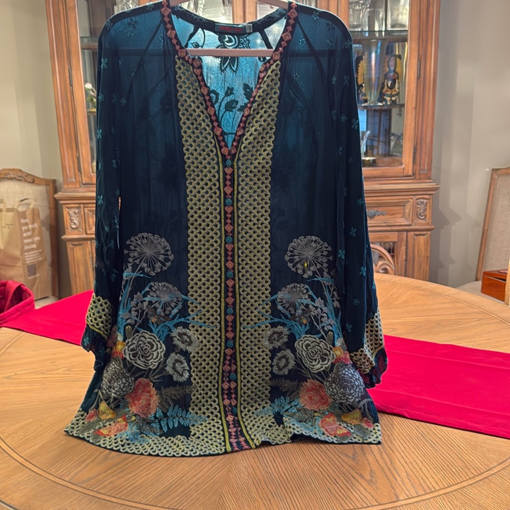 Johnny Was Emerald, Heavily Embellished Tunic, Beautiful Floral Graphics & Trims
